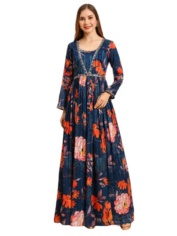 Sartin Patta gown for women Ethnic with Digital Print and Embroidery Work Long Gown(M-2463)