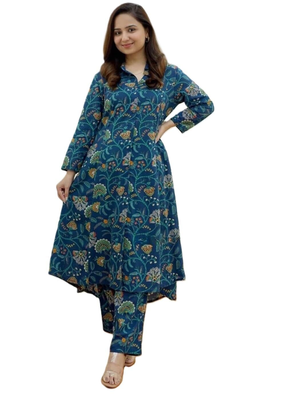 Leriya Fashion Ethnic Co Ord Set for Women Kurta Set for Women | 2 Piece Kurta Set | Kurta with Pant for Women (Small, Blue) LF-W1839&TR896