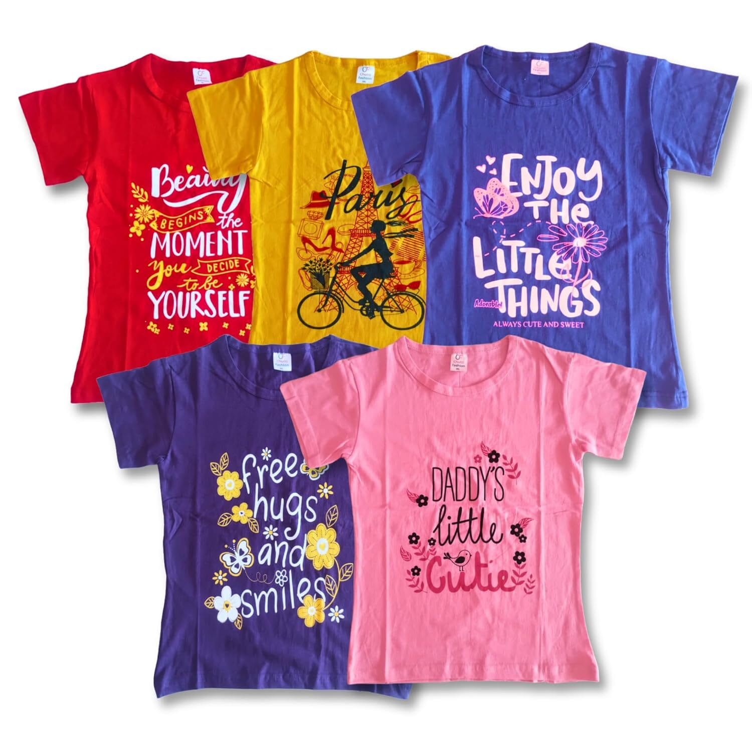 Girls Round Neck Cotton Printed T-shirts/Pack of 5 / Multicolor Regular fit Half Sleeve t-shirts Combo Pack for Girls