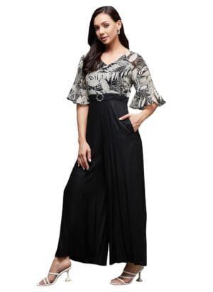 Miss Chase Women's V- Neck Ruffled Sleeve Wide Leg Regular-Length Polyester Printed Jumpsuit
