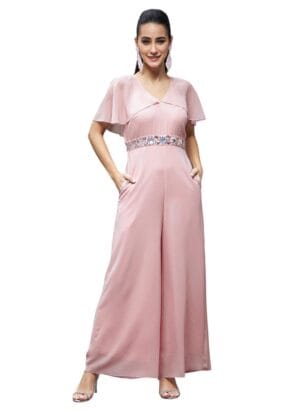 Miss Chase Women's Georgette V-Neck Cape Solid Layered Regular Jumpsuit