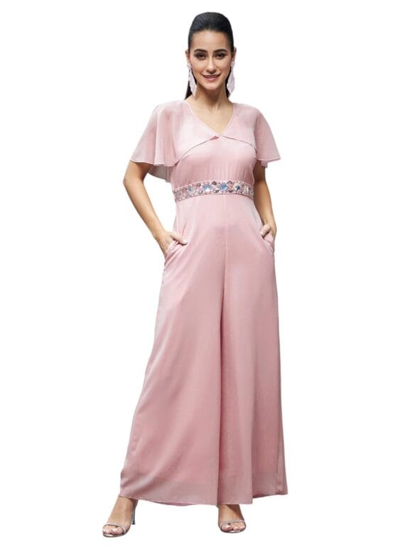 Miss Chase Women's Georgette V-Neck Cape Solid Layered Regular Jumpsuit