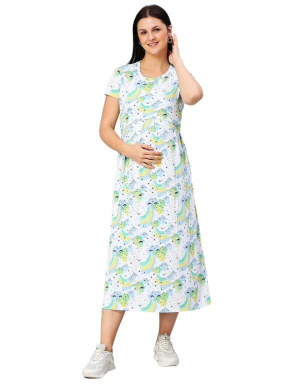 True Shape Zipless Maternity Dress for Women | Knitted Cotton Hosiery Feeding Gown with Easy Discreet Nursing for Pre & Post Partum