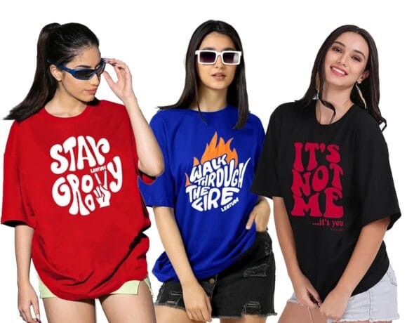 Half Sleeve Oversized Tshirt, Round Neck Longline Drop Shoulder | Colorful Printed Combo Regular Fit T-Shirt (Pack Of 3)