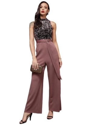 Miss Chase Women's Sleeveless Embellished Halter Neck Regular Jumpsuit