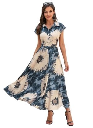 Bollyclues Women's Cotton Fit and Flare Printed Cap Sleeve Coller-Neck Casual Maxi Dress(MX-02)