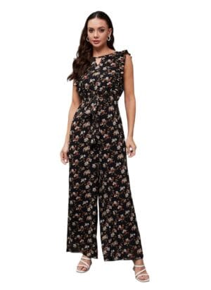Miss Chase Women's Round Neck Sleeveless Floral Wide Leg Jumpsuit with Pockets