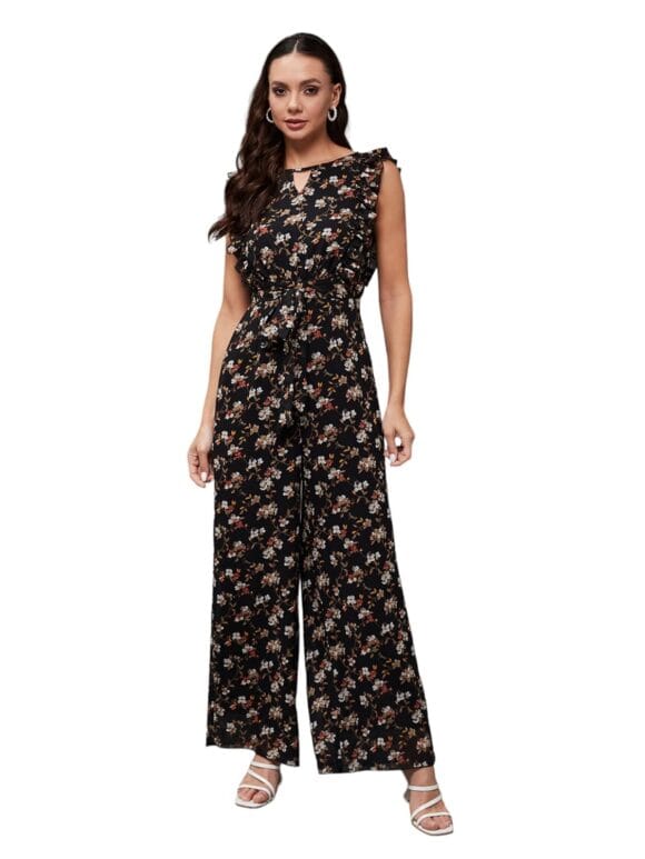 Miss Chase Women's Round Neck Sleeveless Floral Wide Leg Jumpsuit with Pockets