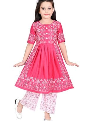 PRIME INTERNATIONAL DRESSES Cotton Blend Casual Printed Short Sleeves Long Kurta and Pallazzo Set for Girls Kids
