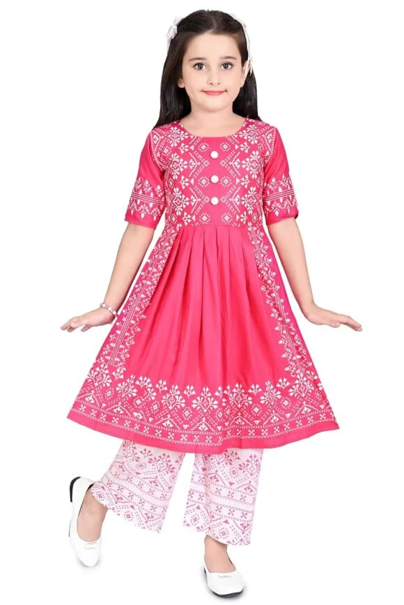 PRIME INTERNATIONAL DRESSES Cotton Blend Casual Printed Short Sleeves Long Kurta and Pallazzo Set for Girls Kids