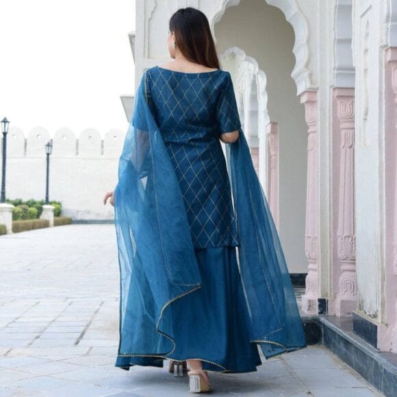 Kurta Set for Women Women's Crepe Gold Printed Kurta Sharara Set with Dupatta Party Dress (Rama)-P - Image 2