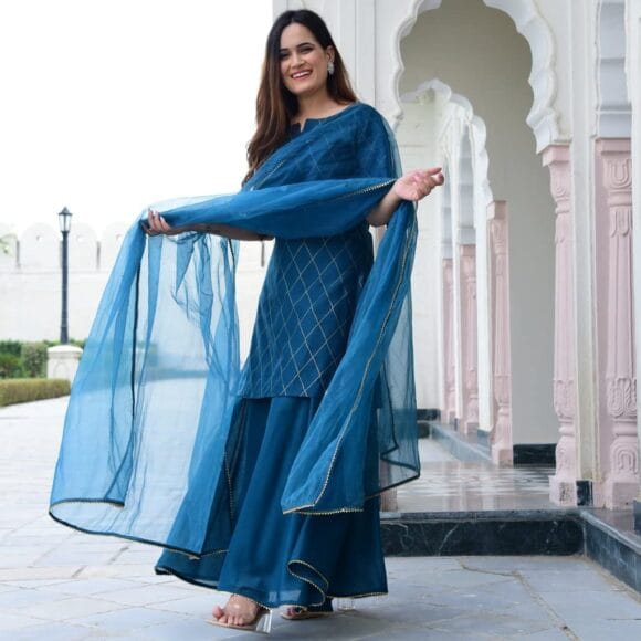 Kurta Set for Women Women's Crepe Gold Printed Kurta Sharara Set with Dupatta Party Dress (Rama)-P - Image 3