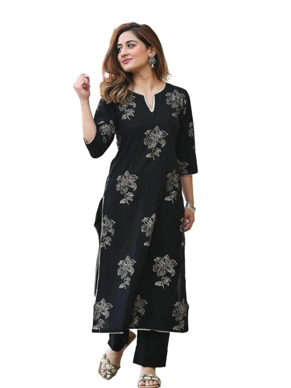 Arayna Women's Gold Printed Rayon Black Kurta Set with Ethnic Palazzo Pants