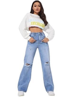 YAGNAPURUSH Women's Regular Solid Mid Rise High Waist Boyfriend Style Wide Leg Bell Bottom Jeans Pant