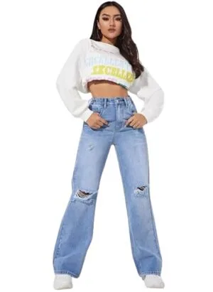 YAGNAPURUSH Women's Regular Solid Mid Rise High Waist Boyfriend Style Wide Leg Bell Bottom Jeans Pant