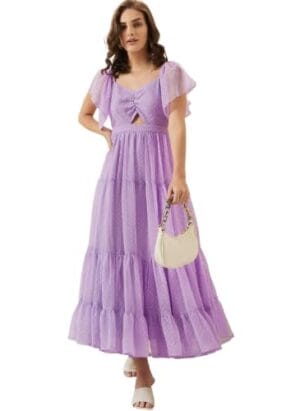 Pinkberry Women's Georgette Solid Maxi Dress Front Trangle Cut Fit & Flare Long Gown Dress for Women