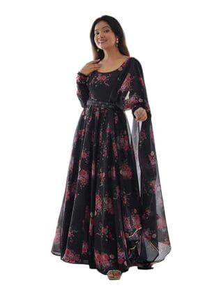 V2B ENTERPRISE Women Latest Crepe Gown With Floral Printed Organza Dupatta For Any Occasion