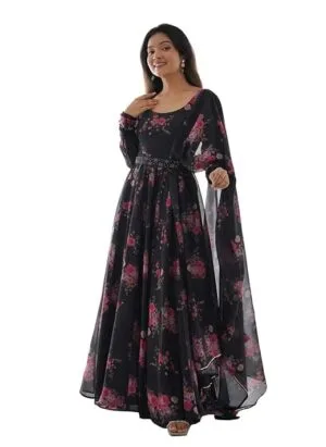 V2B ENTERPRISE Women Latest Crepe Gown With Floral Printed Organza Dupatta For Any Occasion