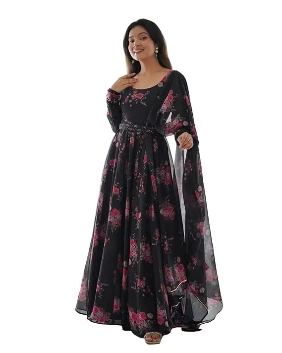 V2B ENTERPRISE Women Latest Crepe Gown With Floral Printed Organza Dupatta For Any Occasion