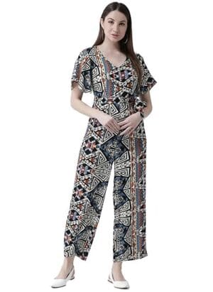 YP Women's Multicolor Print Short Sleeve V-Neck Jumpsuit with Ruffles