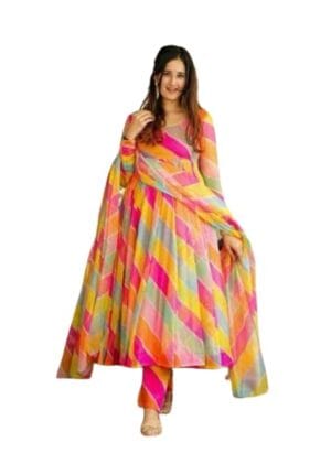 Mollymode Women's Stylish Abstract Print Georgette Anarkali Gown, Kurta with Dupatta