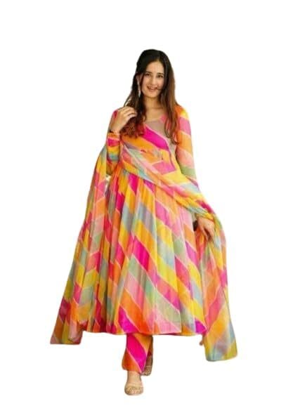 Mollymode Women's Stylish Abstract Print Georgette Anarkali Gown, Kurta with Dupatta