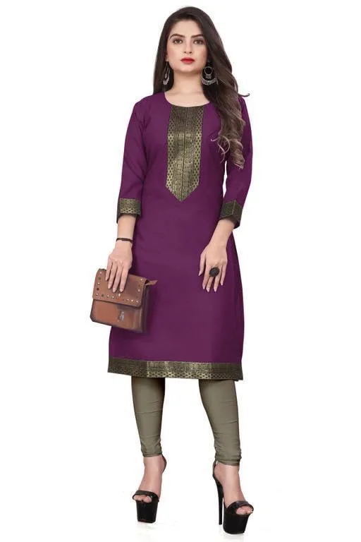 Plain Cotton Golden Lace Border Pattern Casual Kurtis Kurta for Girls & Women