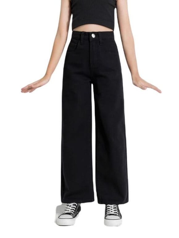 STEPLE DENIMS Women's Cotton Lycra Solid Mid Rise Black Wide Leg Jeans for Women