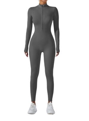 QUECY® Women Workout Yoga Jumpsuit Zip Up Romper Bottom Pants Long Sleeve Bodysuit Bodycon One Piece Jumpsuits