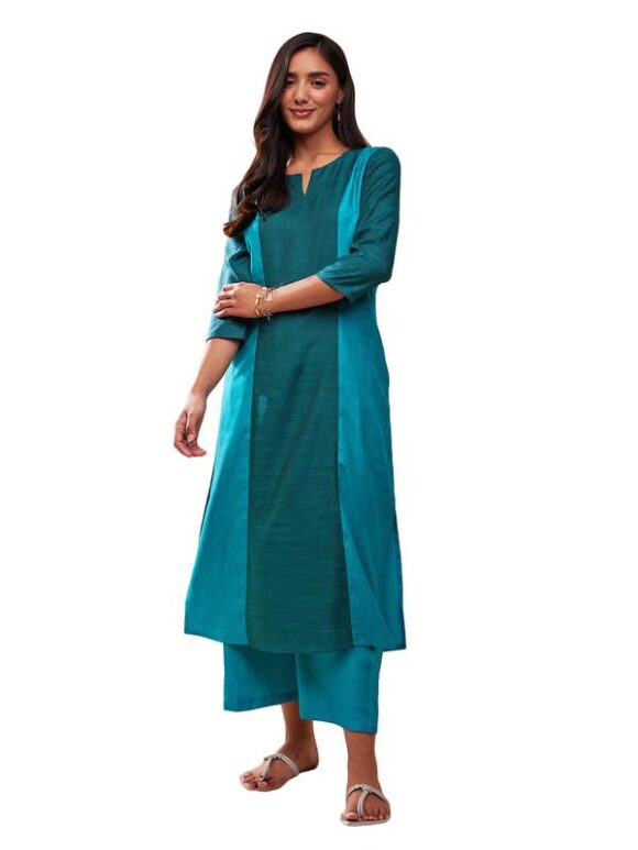 Pink Fort Women's Colour Block Front Slit Kurta Set - Teal & Blue