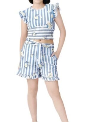LEERUKA Girls Designer Floral Print Frilled Top with Shorts Set Casual Chic: Girls Stylish Top bottom Set Ensemble Stripe Elegance: Printed Style Cotton Western Dress