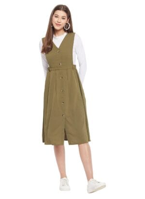 WineRed Women Soild Pinafore Dress with Button