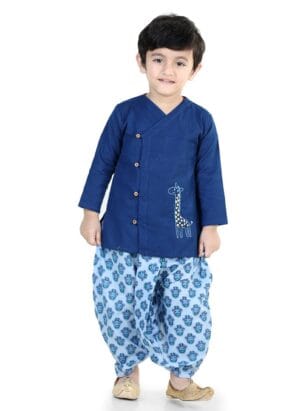 BownBee Ethnic Wear Cotton Kurta Dhoti Set for Boys, Front Open Horse and Giraffe Embroidered With Full Sleeves and V Neckline Ideal for All Festivals