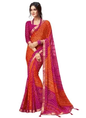 SIRIL Women's Bandhani Printed Chiffon Saree with Blouse