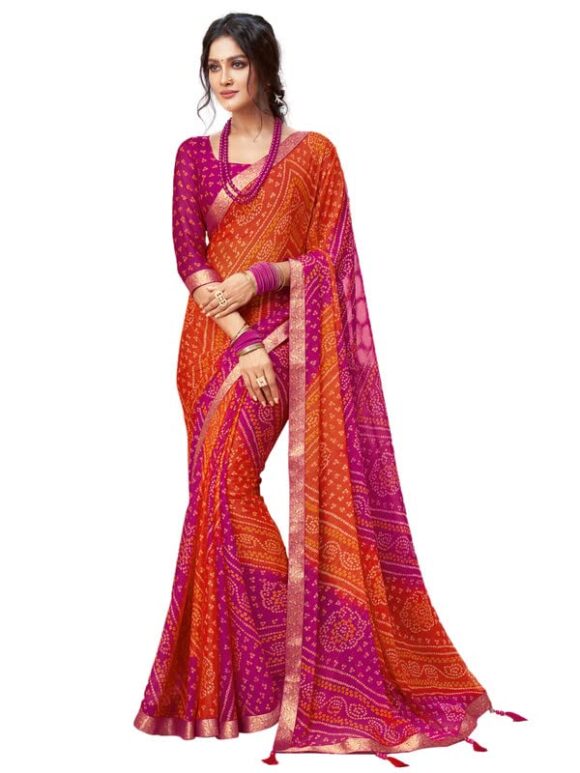 SIRIL Women's Bandhani Printed Chiffon Saree with Blouse