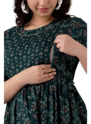 Krishna Vastram Women's Pure Cotton All Over Printed Kurti Gown Perfect Maternity and Feeding Dress with Anarkali Kurti Style, Zip Convenience, and Stylish Feeding Nighty