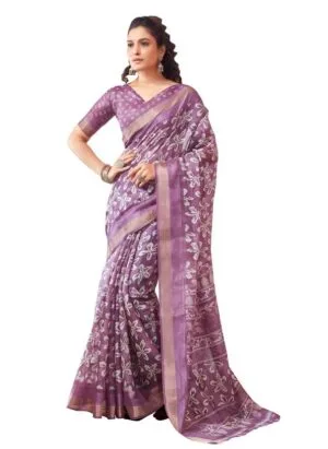 SIRIL Women's Cotton Printed Zari Stripe Saree With Unstitched Blouse Piece