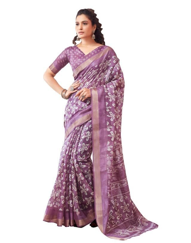 SIRIL Women's Cotton Printed Zari Stripe Saree With Unstitched Blouse Piece