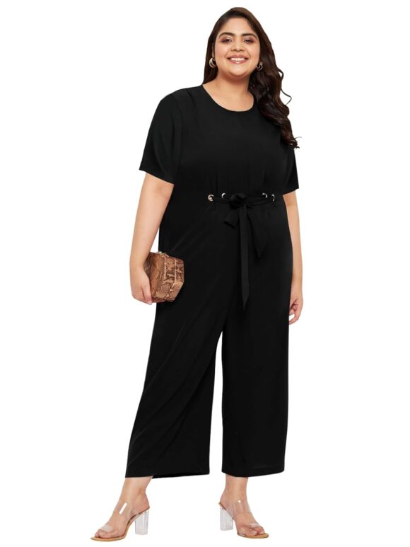 wild U Women Plus Size Jumpsuit | Wide Leg | Half Sleeve | Waist Elastic | Western Stylish Jumpsuit - Black- 3XL to 8XL