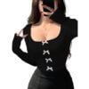 Standard Generic GLARE & BLAIR Solid Lace Trim Bow Front Scoop Neck Long Sleeve Western Y2k Ribbed Tops for Women