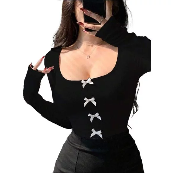 Standard Generic GLARE & BLAIR Solid Lace Trim Bow Front Scoop Neck Long Sleeve Western Y2k Ribbed Tops for Women