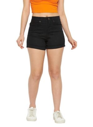 HYPERNATION Black Cotton Twill Lycra Women's Shorts(HYPW03545)