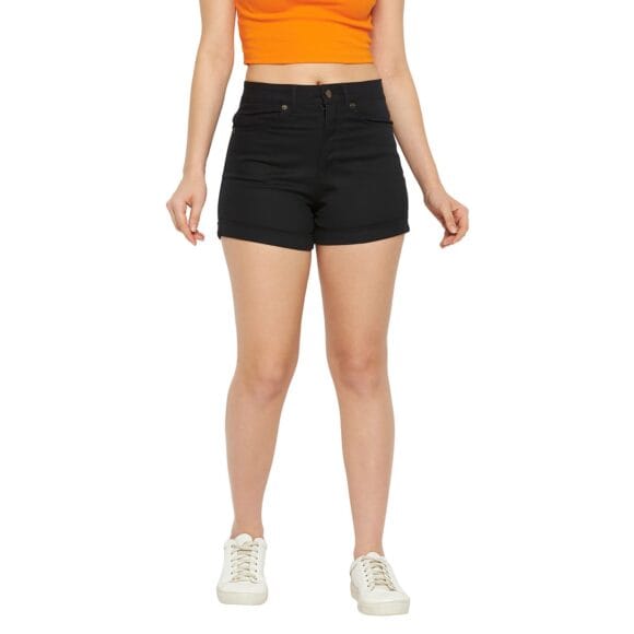 HYPERNATION Black Cotton Twill Lycra Women's Shorts(HYPW03545)