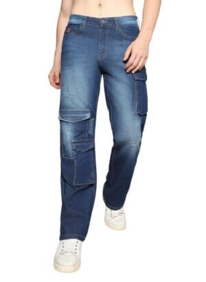 Campus Sutra Men's Stitched Cargo Denim Jeans for Casual Wear | Dark-Wash | 5 Pocket | Button Closure | Denim Jeans Crafted with Comfort Fit for Everyday Wear