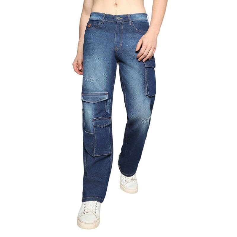 Campus Sutra Men's Stitched Cargo Denim Jeans for Casual Wear | Dark-Wash | 5 Pocket | Button Closure | Denim Jeans Crafted with Comfort Fit for Everyday Wear