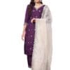 VredeVogel Women's Silk Blend Kurta Pant Set with Organza Heavy Embroidery Dupatta