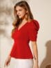 V-Nack Puff Sleeve Princess Cut Peplum Top
