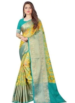 SWORNOF Women's kanjivaram banarasi silk saree for festival Wedding silk with rich pallu Design sarees for women with Unstitched blouse piece