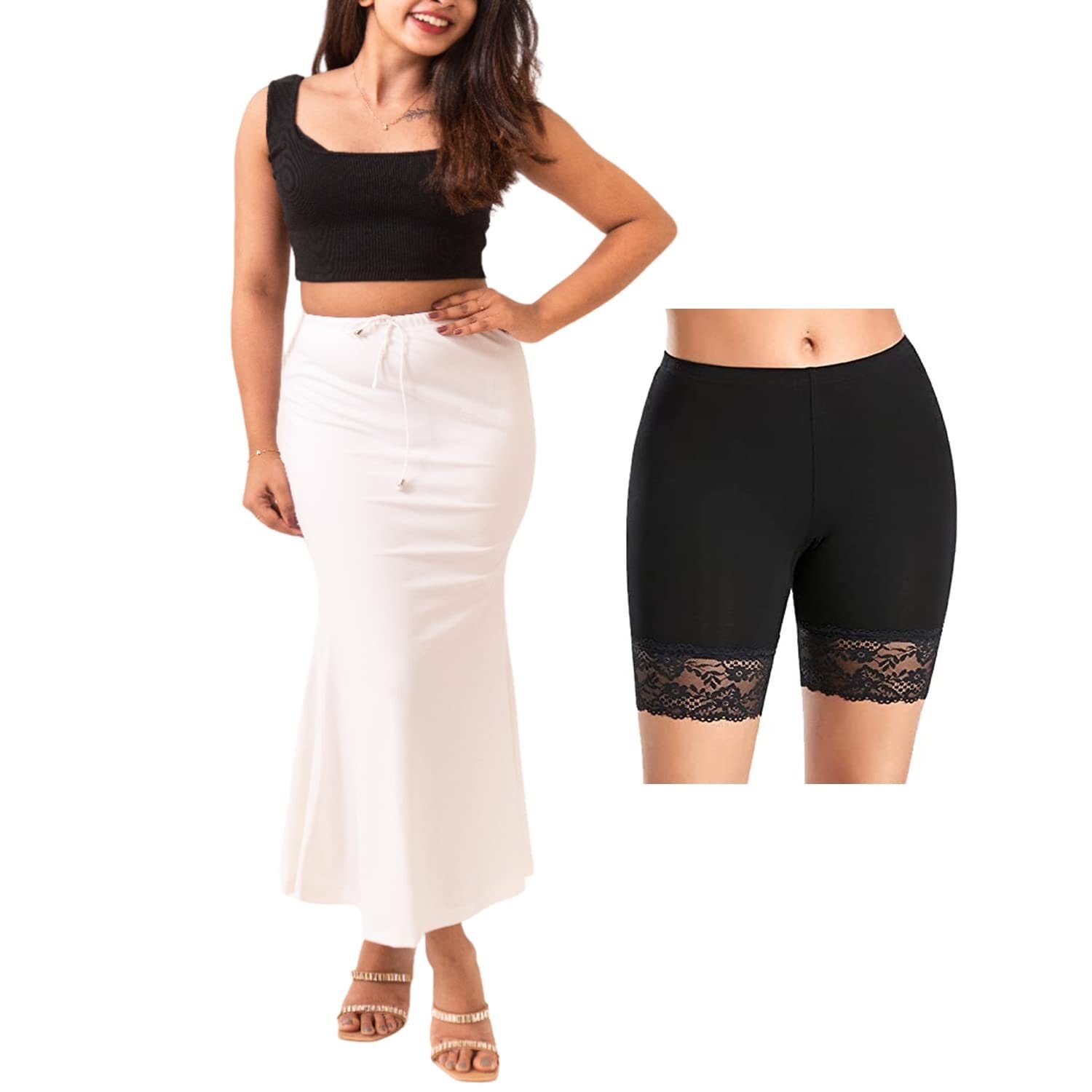 COOL WHITE Saree Shapewear for Women with 1 Comfy lace Shorts Combo | Shapewear Petticoat for Saree | peticote Shapewear for Saree | Petticoats | Shape Wears for Ladies|Petticoat for Women