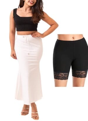 COOL WHITE Saree Shapewear for Women with 1 Comfy lace Shorts Combo | Shapewear Petticoat for Saree | peticote Shapewear for Saree | Petticoats | Shape Wears for Ladies|Petticoat for Women